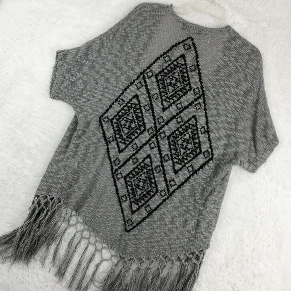 Almost Famous Womens Sweater Open Cardigan Acrylic Diamond Gray Knit‎ Tassles M - Picture 11 of 11